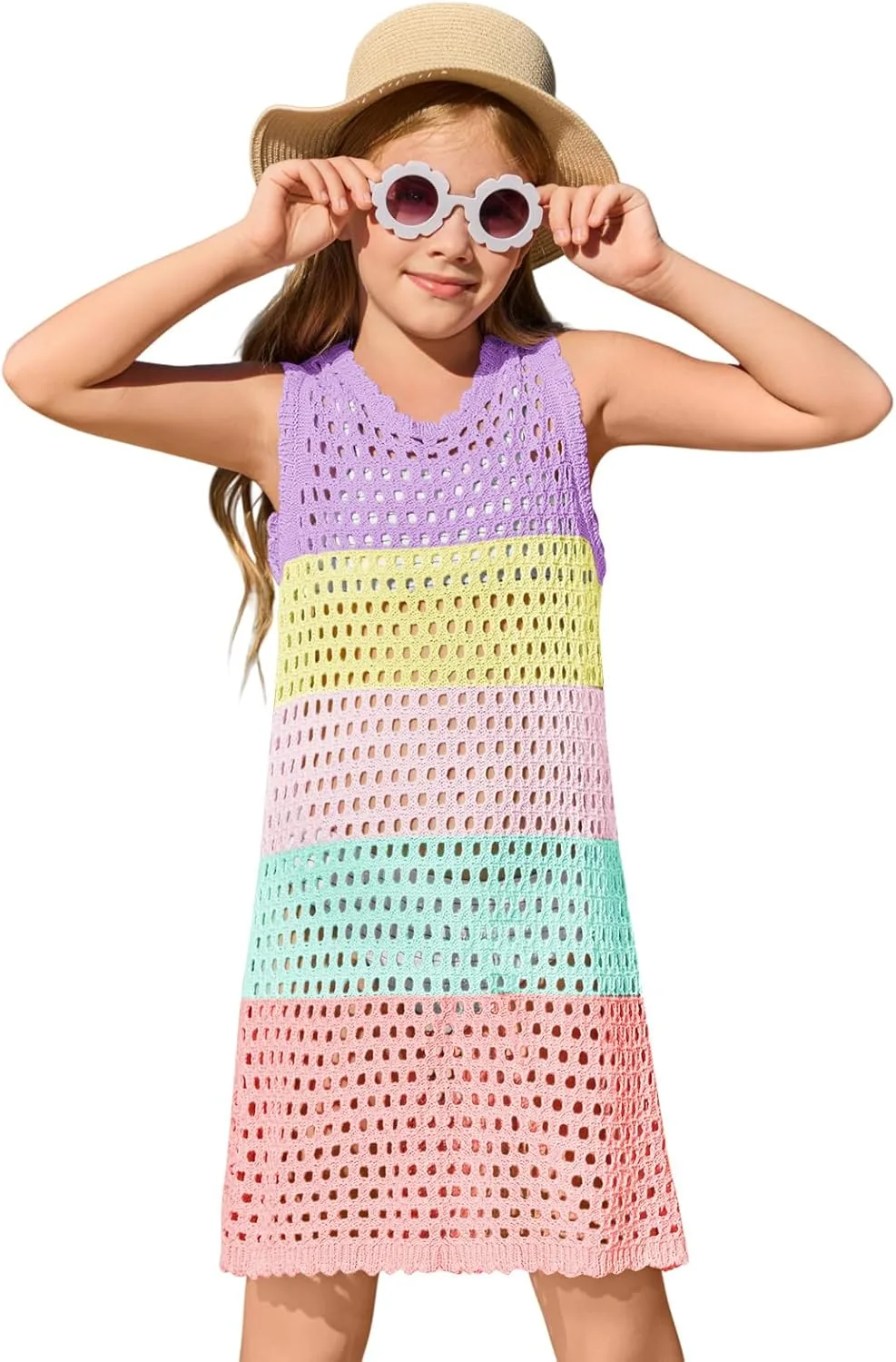 Haloumoning Girls Color Block Crochet Knit Swim Cover up Kids Summer Sleeveless Beach Dress 5-14 Years