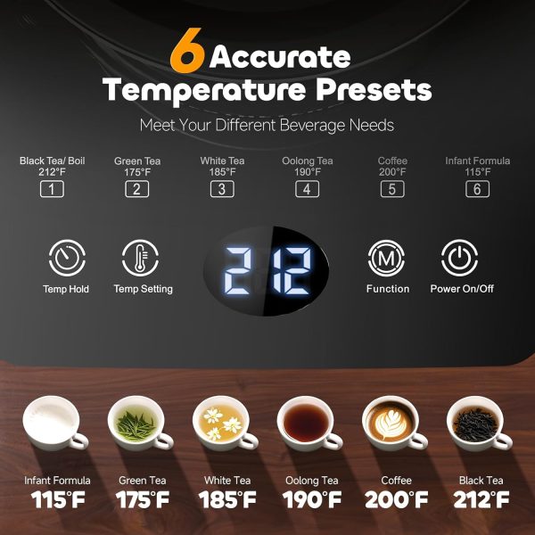 ⁦Aesthetern Electric Kettle with Infuser, Temperature Control and Auto Shut Down, Keeps Warm 24 Hours for Coffee, Water Heater, Black Glass Pot 1.5L⁩ - الصورة ⁦2⁩
