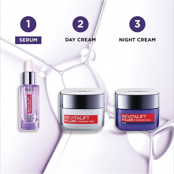 ⁦L’Oréal Paris Revitalift Filler Replumping Anti-Ageing Night Cream, Smooth Wrinkles, Moisturise, and Replumps Skin with Micro and Micro-Epidermic Hyaluronic Acid, 50ml⁩ - الصورة ⁦4⁩