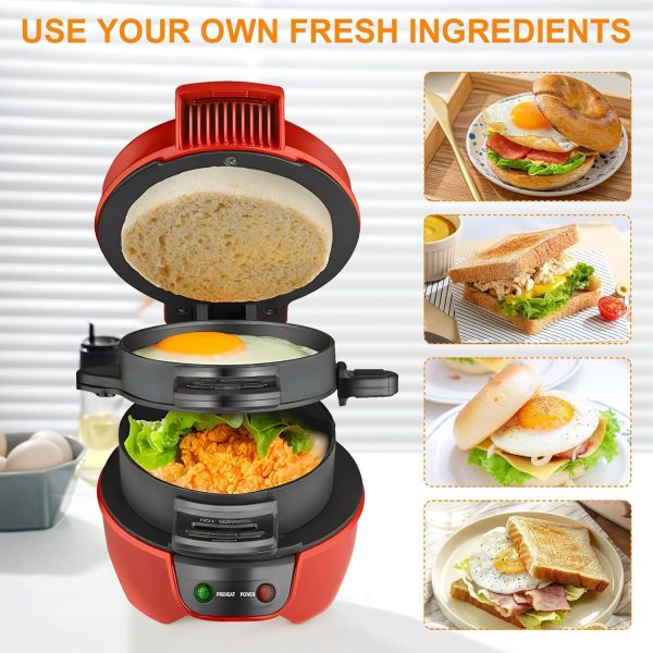 ⁦Electric 600W hamburger sandwich maker Toaster Round barbecue burger maker with egg cooking ring for breakfast-RED⁩ - الصورة ⁦2⁩