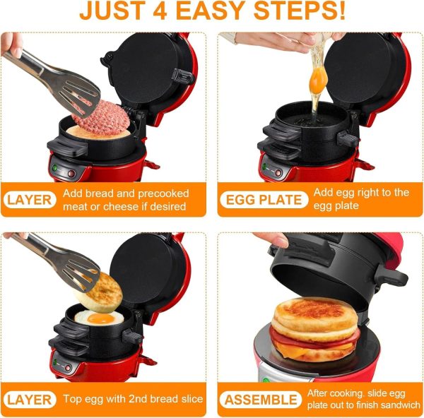 ⁦Electric 600W hamburger sandwich maker Toaster Round barbecue burger maker with egg cooking ring for breakfast-RED⁩ - الصورة ⁦6⁩