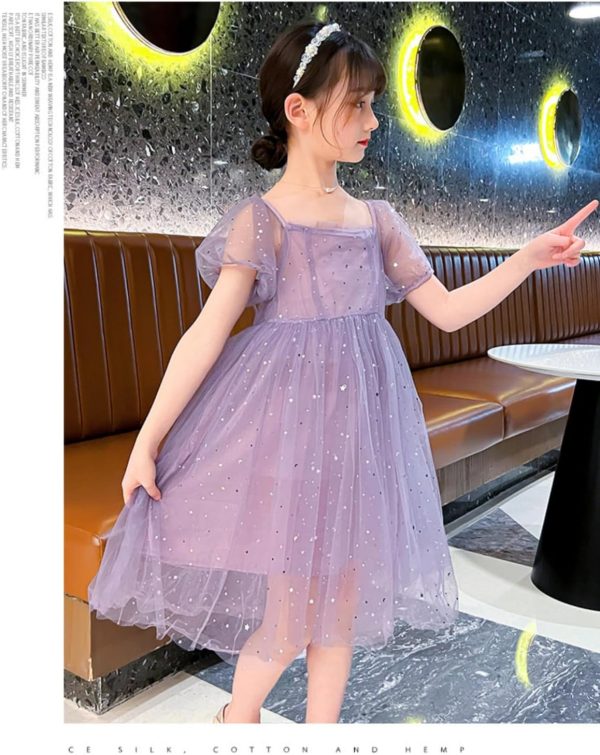 ⁦Girls' casual dress, children's purple chiffon party clothing, square collar with a bow at the back, bubble short sleeves, suitable for 5-14 years old⁩ - الصورة ⁦7⁩