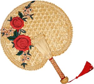 NOVOLAN Hand Woven Fan Handcrafted Fan, Vintage Palm-Leaf Fan, Bamboo Handle, Palm Leaf Material, Exquisite Embroidery Patterns, Chinese Style Home Decor, Portable for Summer 28x26cm (peony)