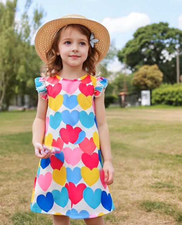 ⁦VeryNew 2-Pack Girls Ruffle Sleeve Dress A-Line Skater Cute Cat Casual Dresses Summer Spring for Kids 4-8 Years⁩ - الصورة ⁦4⁩