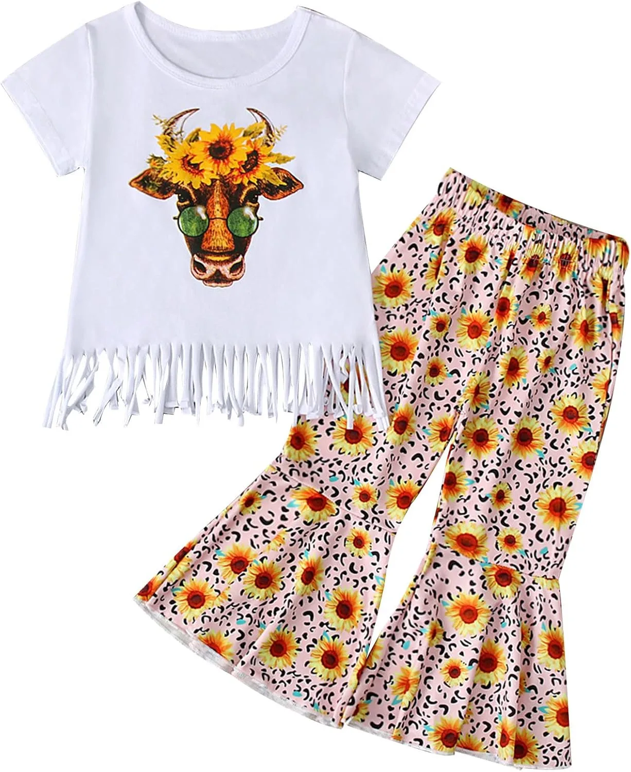 Toddler Girls Summer Set Tassel Tops Sunflowers Print Trousers Flared Trousers Set Casual Wear Outfits 6 Years Children's Clothing Set Girls