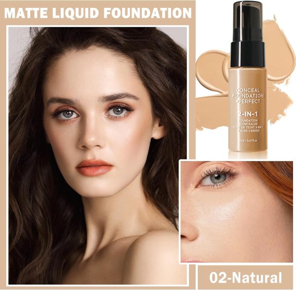 ⁦NALACAL 2 in 1 Concealer Full Coverage Foundation for Mature Skin, Oil Control Matte Liquid Makeup, Waterproof Base De Maquillaje, High Coverage - 02 Natural⁩ - الصورة ⁦2⁩