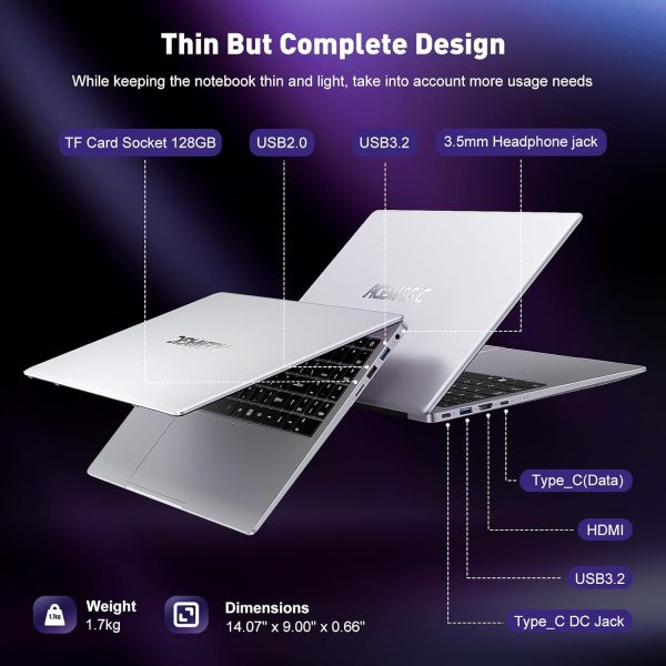 ⁦ACEMAGIC Laptop, 15.6" Business Student Laptop Computer, Intel Quad-Core Processor Windows 11 Laptop, 16GB DDR4 512GB SSD, Up to 2TB,180° Open Angle, Metal Shell, WiFi, USB3.2, Type C⁩ - الصورة ⁦3⁩