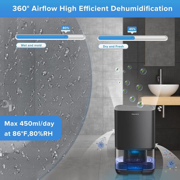 ⁦Arabest Home Dehumidifier 1000ML, Portable Mini Dehumidifier for 2500 cu ft (260 sq ft), Two Working Modes & 7 Color LED Lights, Silent Operation for Basement, Bedroom, Bathroom, Cabinet & RV, Black⁩ - الصورة ⁦3⁩
