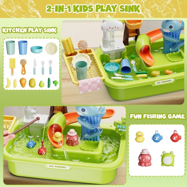 ⁦LinJie Kitchen Sink Toys,3 In 1 Play Sink With Running Water, Play Kitchen Sink Toy With Electric Faucet/Play Food/Pool Toys/Fishing Game,Kids Kitchen Sink Toys For 3-12 Year Old Boys Girls.(Green)⁩ - الصورة ⁦3⁩