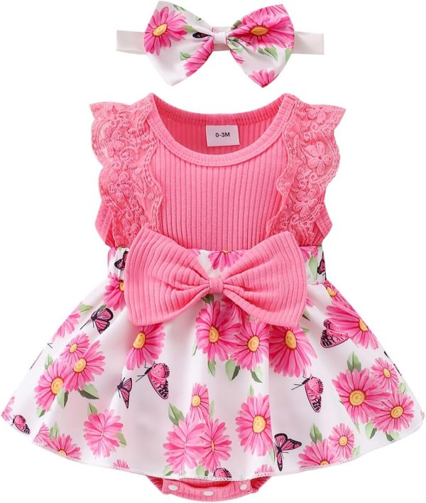 ⁦Infant Baby Girl Romper Dress Outfit – Lace Ruffle Sleeveless Summer Romper with Matching Headband – Soft & Breathable Clothes Set for Newborn Girls Ages 0–12 Months – Great for Daily Wear⁩ - الصورة ⁦9⁩