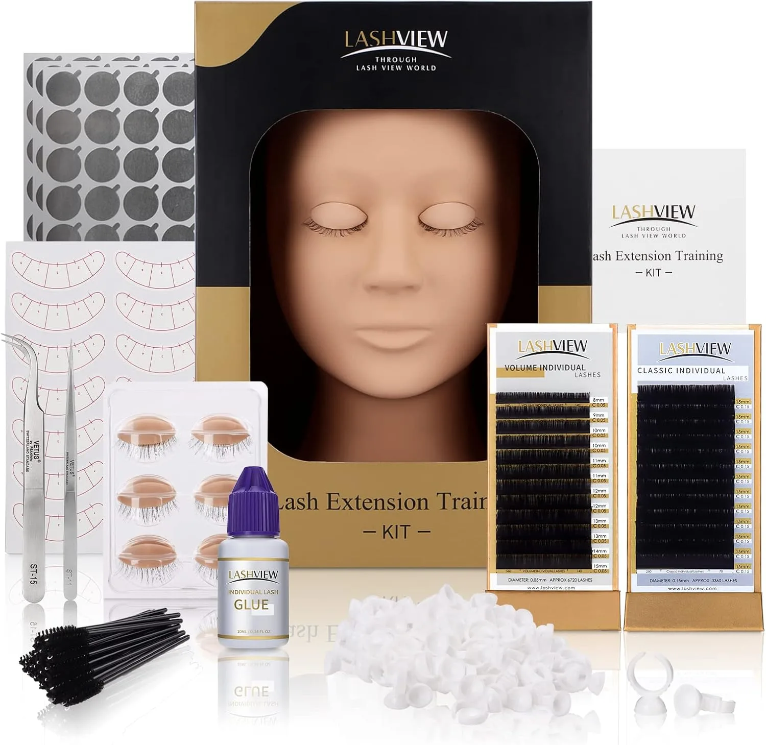 LASHVIEW Eyelash Extension Kit,Professional Eyelash Mannequin Head Kit with 4pc Removable Eyelids, Lash Kit for Eyelash Extensions Beginners,Training Makeup and Eyelash Graft