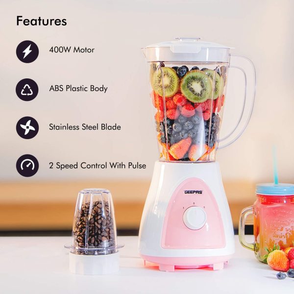 ⁦Geepas Gsb5485 400 Watt 2 In 1 Countertop Blender Blue & White/Pink & White Assorted⁩ - الصورة ⁦2⁩