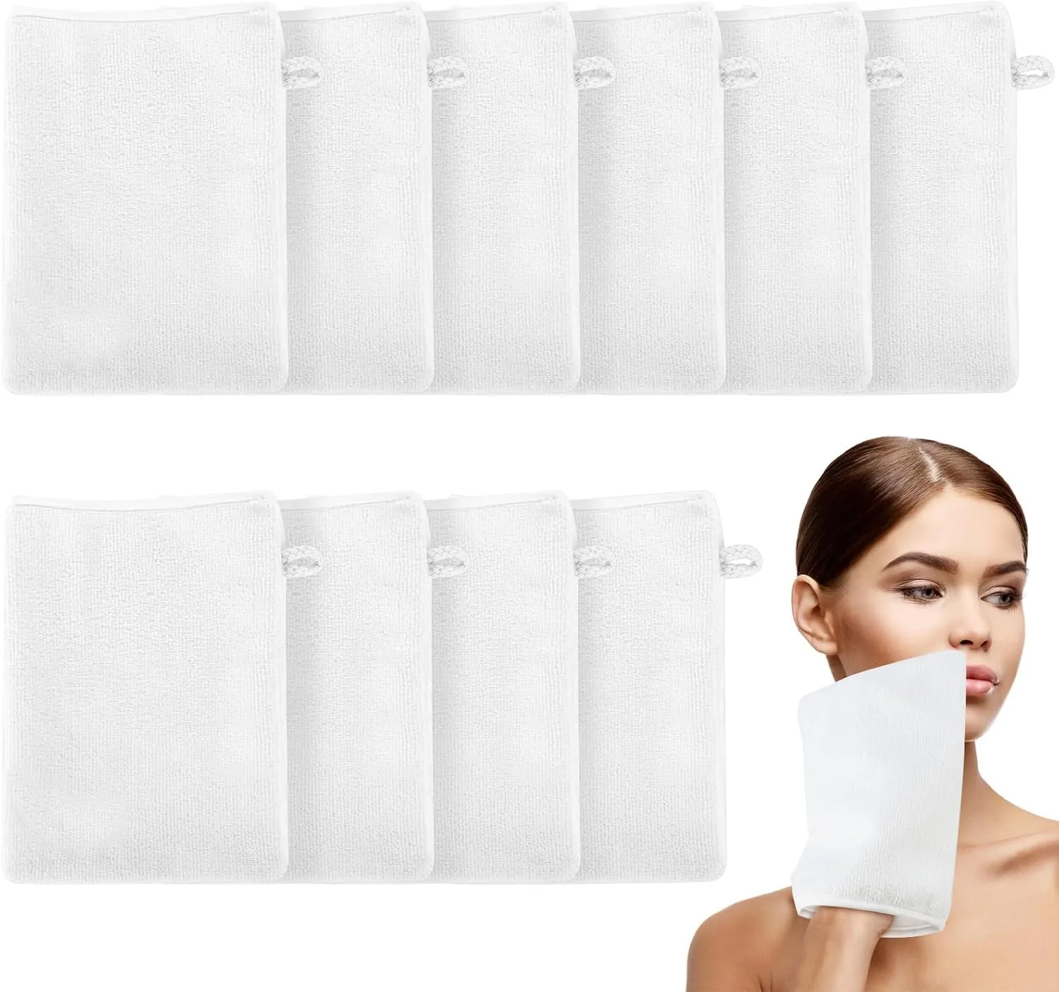 Qichan 10 Pcs Facial Mitts, 15 x 21cm Soft Bamboo Fiber Wash Mitts Body and Face, Reusable Makeup Remover Gloves, White Microfibre Face Cloth for Bath & SPA