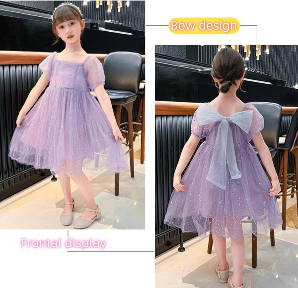 ⁦Girls' casual dress, children's purple chiffon party clothing, square collar with a bow at the back, bubble short sleeves, suitable for 5-14 years old⁩ - الصورة ⁦2⁩