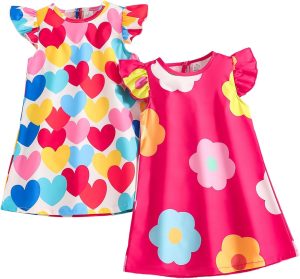 VeryNew 2-Pack Girls Ruffle Sleeve Dress A-Line Skater Cute Cat Casual Dresses Summer Spring for Kids 4-8 Years