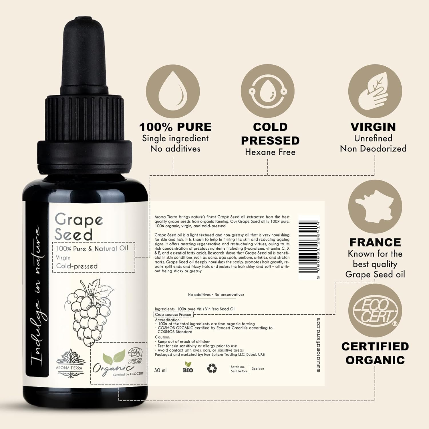 Aroma Tierra Organic Grape Seed Oil Grapeseed (France) - 100% Pure Cold Pressed Natural Unrefined Virgin Hexane Free - For Face, Body, Hair - Glow, Acne, Anti-aging - Dry, Normal & Oily Skin - 30ml 2 Aroma Tierra Organic Grape Seed Oil Grapeseed (France) - 100% Pure Cold Pressed Natural Unrefined Virgin Hexane Free - For Face, Body, Hair - Glow, Acne, Anti-aging - Dry, Normal & Oily Skin - 30ml - الصورة 2