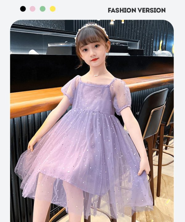 ⁦Girls' casual dress, children's purple chiffon party clothing, square collar with a bow at the back, bubble short sleeves, suitable for 5-14 years old⁩ - الصورة ⁦5⁩