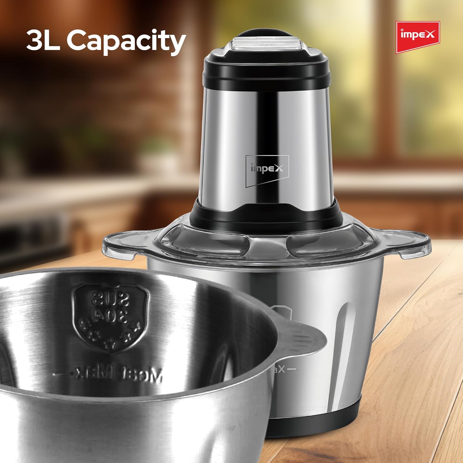 Impex Electric Food Chopper 3Ltr Food Processor Blender 400W, 3Speed Adjustable, Meat Grinder, Stainless Steel Body And 6Pcs Blade,Multi Food Chopper For Meat,Vegetables,Fruits,Nuts -2Years Warranty 5 Impex Electric Food Chopper 3Ltr Food Processor Blender 400W, 3Speed Adjustable, Meat Grinder, Stainless Steel Body And 6Pcs Blade,Multi Food Chopper For Meat,Vegetables,Fruits,Nuts -2Years Warranty - الصورة 5