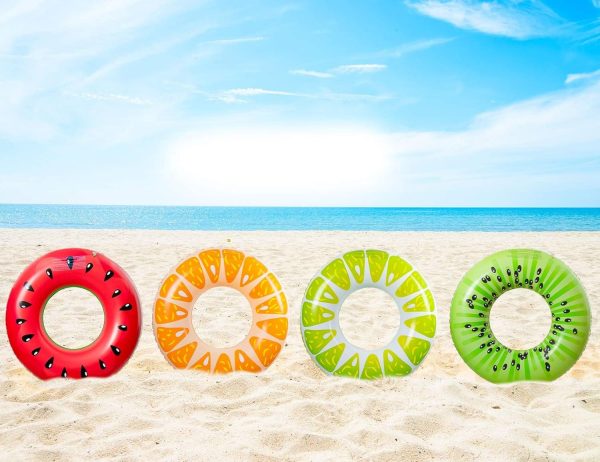 ⁦YelaJoy Inflatable Pool Floats Kids, 4 Pcs Fruit Swim Tubes Rings and 3 Pcs 12" Beach Balls, Pool Floaties Summer Hawaiian Beach Toys Swimming Luau Party Floats for Kids Adults Water Fun⁩ - الصورة ⁦8⁩