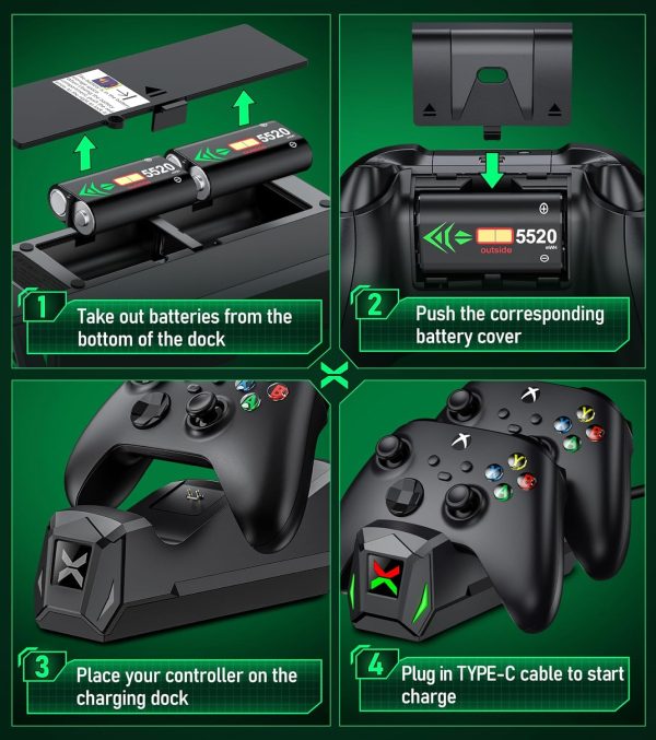 ⁦Upgraded Controller Charger Station with 2x5520mWh Rechargeable Battery Packs for Xbox One/Series X|S Controller,Dual Charging Dock for Xbox One Controller Battery Pack with 4 Battery Covers for Xbox⁩ - الصورة ⁦7⁩