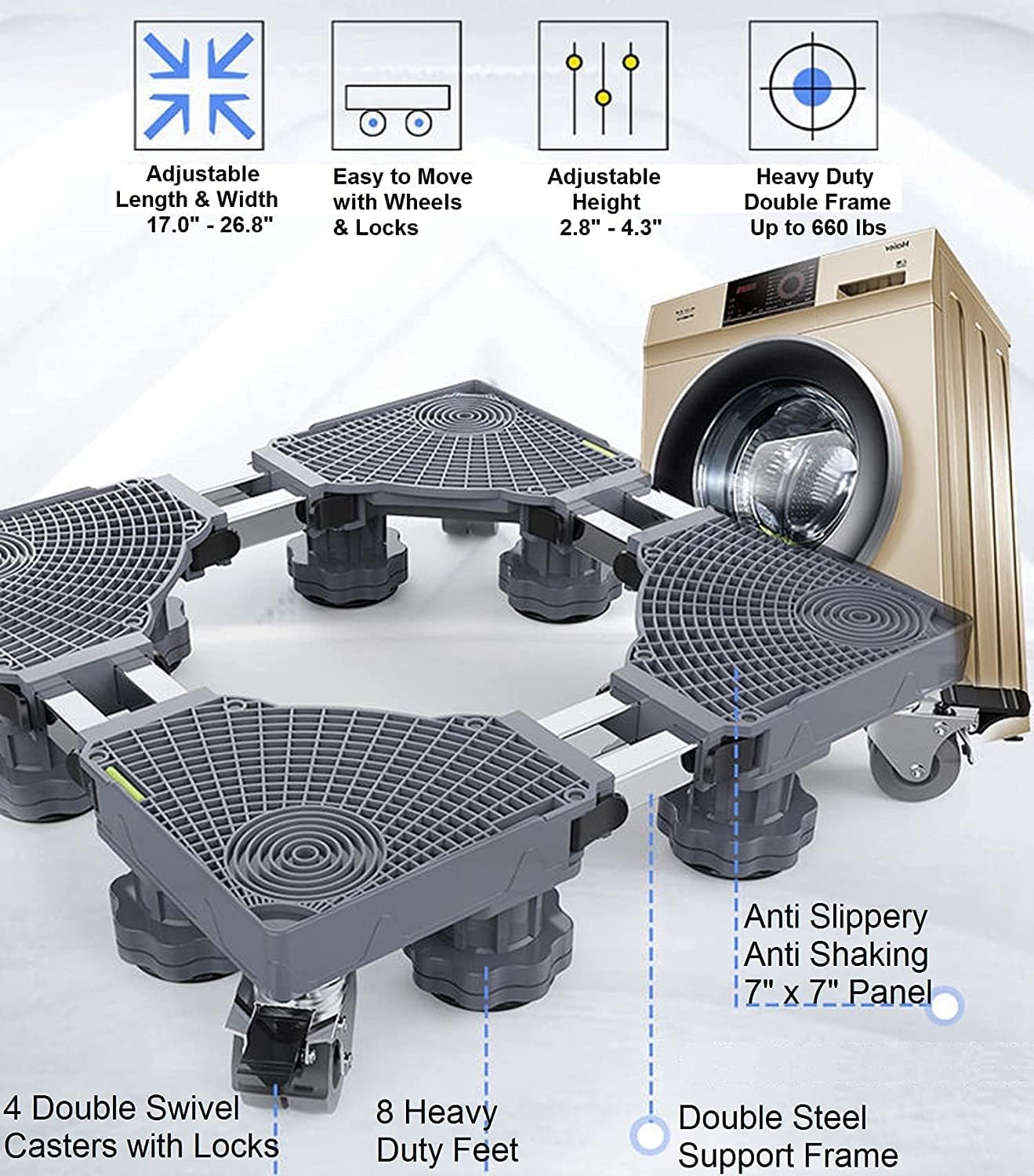 Arabest Mini Fridge Stand Mobile Base With 4 Locking Refrigerator Wheels And 8 Strong Feet For Washer Dryer Washing Machine Stand Pedestal, Refrigerator Stand, Adjustable Appliance Dolly Square 3 Arabest Mini Fridge Stand Mobile Base With 4 Locking Refrigerator Wheels And 8 Strong Feet For Washer Dryer Washing Machine Stand Pedestal, Refrigerator Stand, Adjustable Appliance Dolly Square - الصورة 3