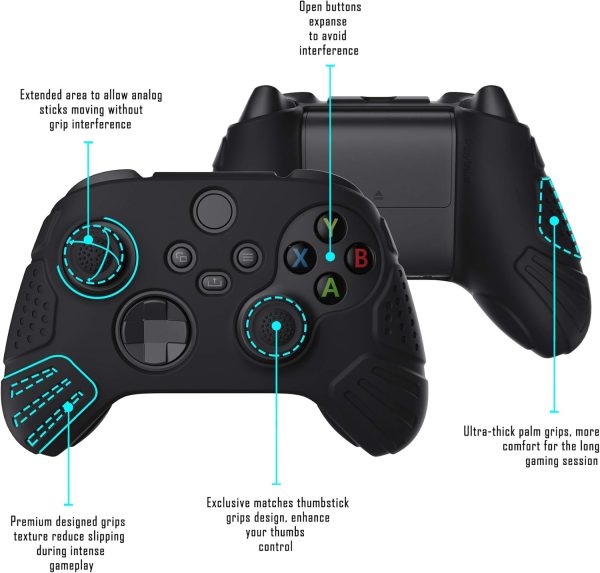 ⁦eXtremeRate PlayVital Guardian Edition Black Ergonomic Soft Anti-Slip Controller Silicone Case Cover for Xbox Series X/S, Rubber Protector Skins with Joystick Caps for Xbox Core Wireless Controller⁩ - الصورة ⁦3⁩