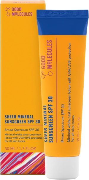 Good Molecules Sheer Mineral Sunscreen SPF 30 Minimal Whitecast Zinc Oxide Sunscreen with Hyaluronic Acid, Reef-Safe, UVA/UVB Protection - Skincare for Face