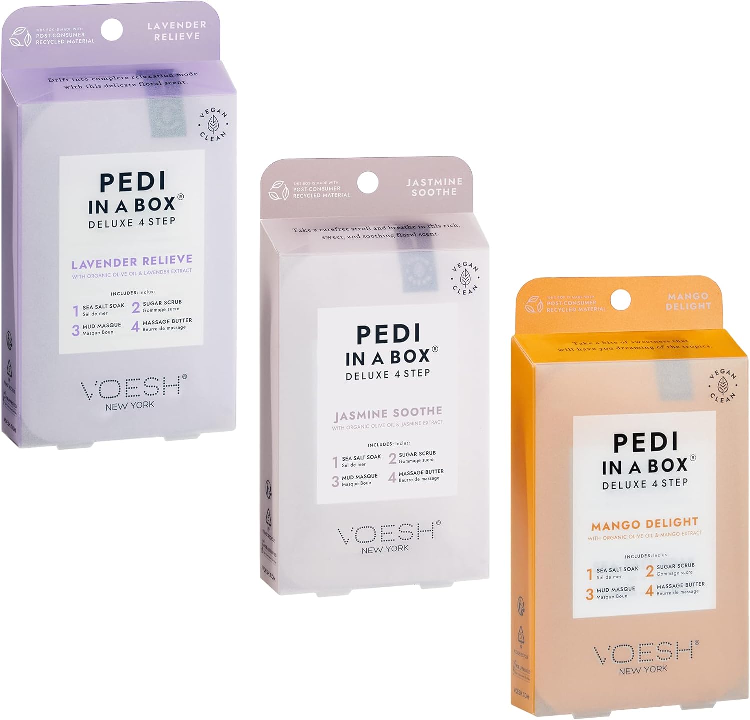 Voesh New York Pedi In A Box 4 Step Trio, 3 pack of scents: Lavender Relieve, Jasmine Soothe, and Mango Delight 1 Voesh New York Pedi In A Box 4 Step Trio, 3 pack of scents: Lavender Relieve, Jasmine Soothe, and Mango Delight