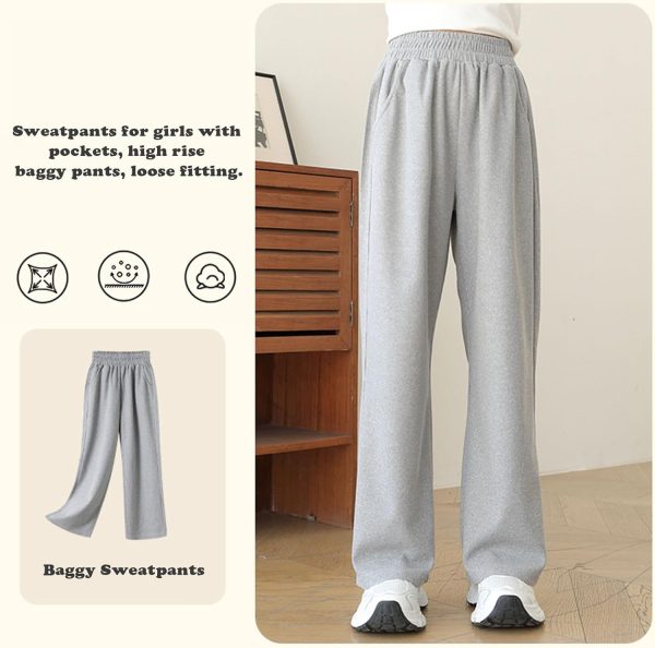 ⁦Djeanxa Girl's Wide Leg Sweatpants Baggy Straight Loose Sweat Pants High Waist Causal Kids Athletic Pants with Pockets 6-14Y⁩ - الصورة ⁦3⁩