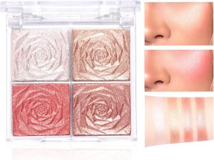 GEEWHILE Shimmer Blushers For Cheeks Make Up, 4 Colors Long-Lasting Blush Palette, 3 In 1 Blusher Contouring Highlighting, Natural-Looking Powder Smudge-proof & Sweat-Resistant Blush for Women (01)