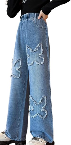 SEAUR Girls Kids Jeans Loose Wide-Leg Denim Pants Baggy Straight Elastic Waist Ripped Jeans Stretchy Vintage Casual Trousers with Pockets Age 5-14 Years