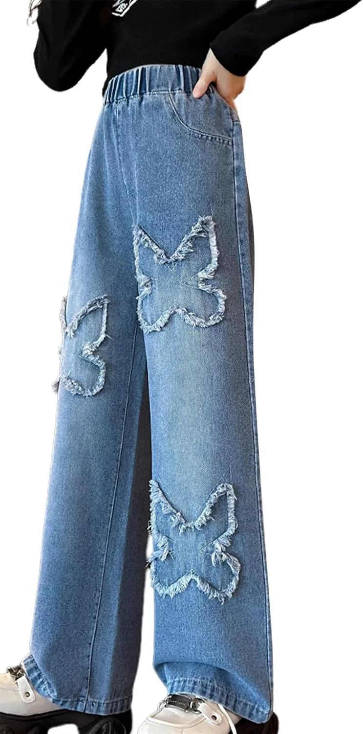 SEAUR Girls Kids Jeans Loose Wide-Leg Denim Pants Baggy Straight Elastic Waist Ripped Jeans Stretchy Vintage Casual Trousers with Pockets Age 5-14 Years
