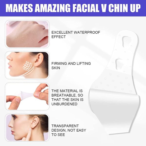 ⁦60 Pieces Face Lift Tapes Face Lifting Patch Invisible V-line Face lift Sticker Neck and Eye makeup Lift strips Waterproof Elasticity Double Chin Lift Patch with 4 Pieces Lifting Ropes for Women Girls⁩ - الصورة ⁦3⁩