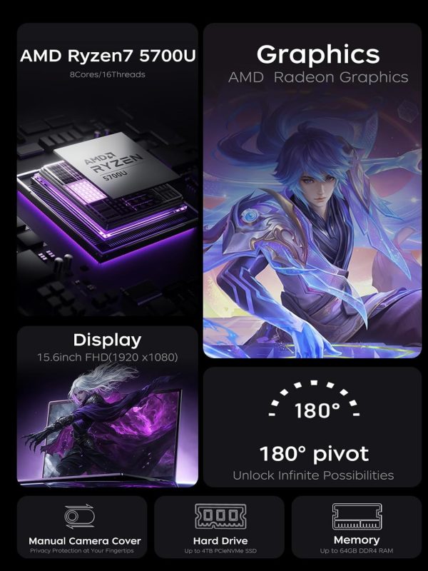 ⁦KAIGERR 2025 AMD Laptop, 15.6inch Laptop Computer with AMD Ryzen 7 5700U(8C/16T, Up to 4.3GHz), 16GB RAM 512GB NVMe SSD Windows 11 Laptop, Radeon RX Vega 8 Graphics,WiFi 6⁩ - الصورة ⁦3⁩