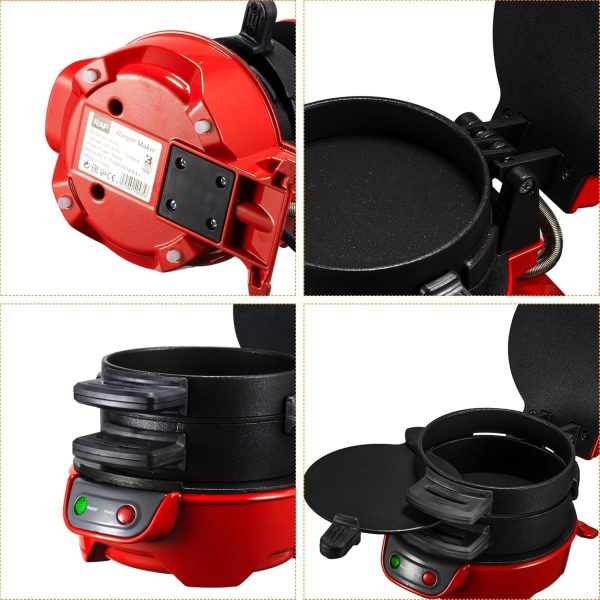 ⁦Electric 600W hamburger sandwich maker Toaster Round barbecue burger maker with egg cooking ring for breakfast-RED⁩ - الصورة ⁦3⁩