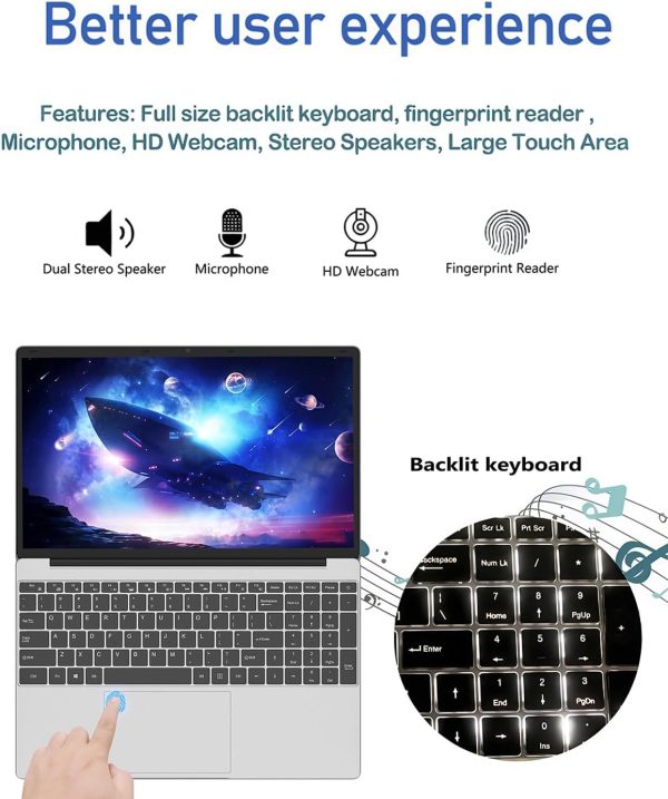 ⁦XYPLOXZ 15.6 Inch Laptop Computers, 1080P IPS Screen,N5095 Processor 4C 4T Up to 2.9Ghz 16GB RAM 256GB SSD, Latops with Fingerprint Recognition Backlit Keyboard,WiFi, USB-C(Data),USB 3.0, Webcam, HDMI⁩ - الصورة ⁦4⁩