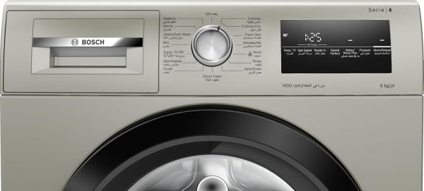 ⁦Bosch Washing Machine WAN28283SA Series 4, Front Load, 8 kg, 1400 RPM, Inox Silver, EcoSilence Drive™, SpeedPerfect Technology, VarioDrum Pot, ActiveWater Plus System, LED Display⁩ - الصورة ⁦2⁩