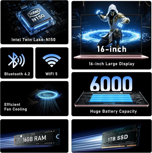 ⁦FUNYET Gaming Laptop, 16 Inch Laptop Computer with Win 11 Pro, 12th Gen N150 Processor(up to 3.6GHz), 16GB RAM 1TB SSD, Backlit Keyboard, FHD 1920 * 1200, Bluetooth. Rose Gold.⁩ - الصورة ⁦2⁩