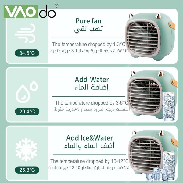 ⁦VAODO Portable Air Conditioner, Evaporative Air Cooler, Rechargeable USB Small Desktop Fan Air Conditioner, Refrigeration Spray, for Office, Bedroom, Car, Camping, Indoor Outdoor，Green⁩ - الصورة ⁦3⁩