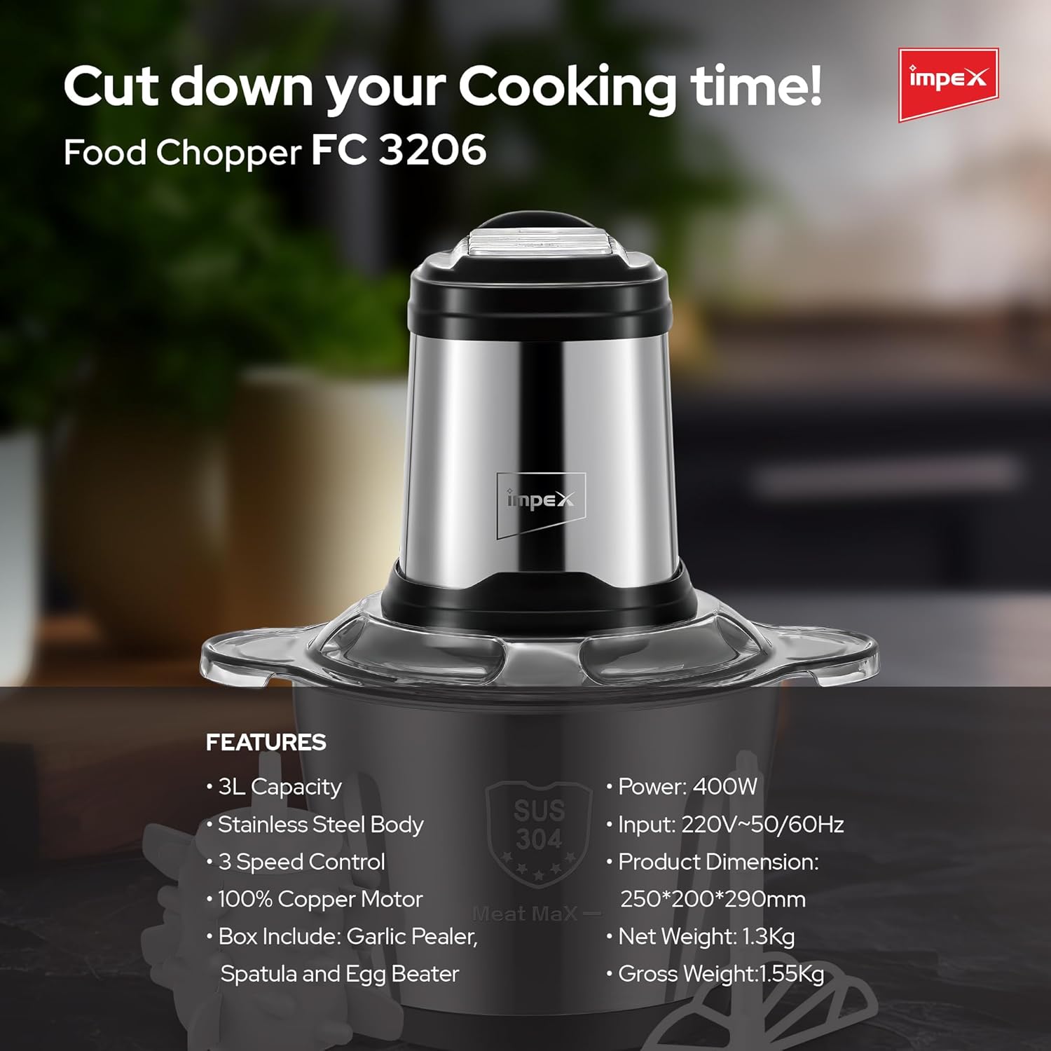 Impex Electric Food Chopper 3Ltr Food Processor Blender 400W, 3Speed Adjustable, Meat Grinder, Stainless Steel Body And 6Pcs Blade,Multi Food Chopper For Meat,Vegetables,Fruits,Nuts -2Years Warranty 7 Impex Electric Food Chopper 3Ltr Food Processor Blender 400W, 3Speed Adjustable, Meat Grinder, Stainless Steel Body And 6Pcs Blade,Multi Food Chopper For Meat,Vegetables,Fruits,Nuts -2Years Warranty - الصورة 7