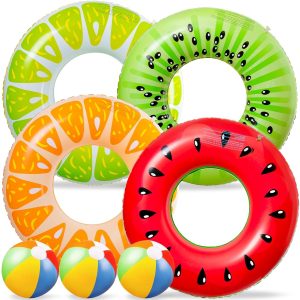 YelaJoy Inflatable Pool Floats Kids, 4 Pcs Fruit Swim Tubes Rings and 3 Pcs 12" Beach Balls, Pool Floaties Summer Hawaiian Beach Toys Swimming Luau Party Floats for Kids Adults Water Fun