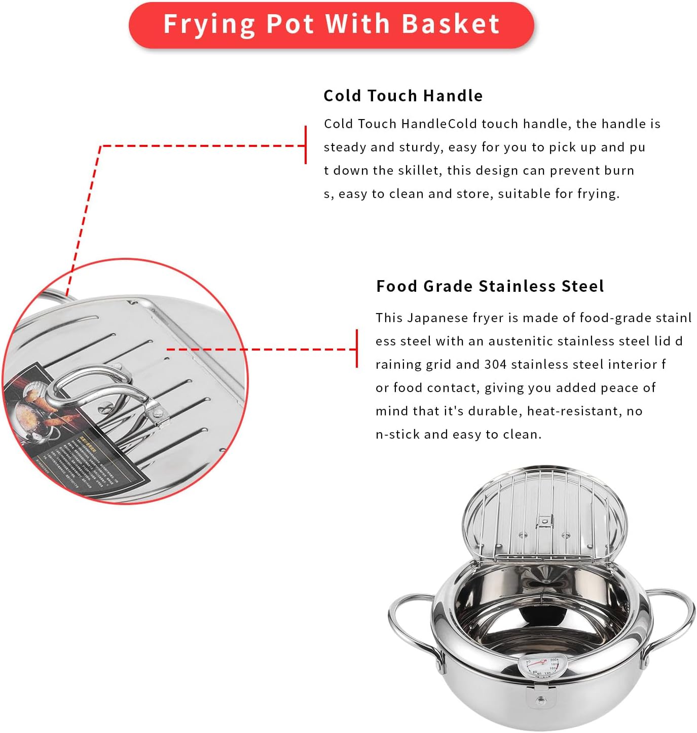 Gugxiom Japanese Deep Frying Pot, Tempura Frying Pot with Thermometer Induction Cooker Compatiblel 24Cm, 304 Stainless Steel Japanese Fry Pot for French Fries Shrimp Chicken and Shri 4 Gugxiom Japanese Deep Frying Pot, Tempura Frying Pot with Thermometer Induction Cooker Compatiblel 24Cm, 304 Stainless Steel Japanese Fry Pot for French Fries Shrimp Chicken and Shri - الصورة 4