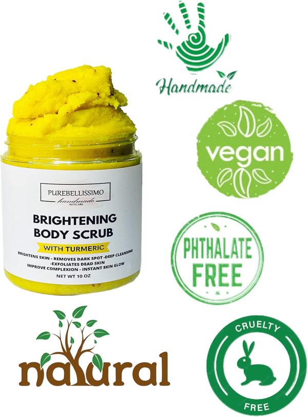⁦PureBellissimo Turmeric Skin Brightening Scrub for Dark Spots, Dark Inner Thighs Bikini Area Underarms, Natural Exfoliating Turmeric Face Scrub ALL NATURAL 10OZ⁩ - الصورة ⁦7⁩