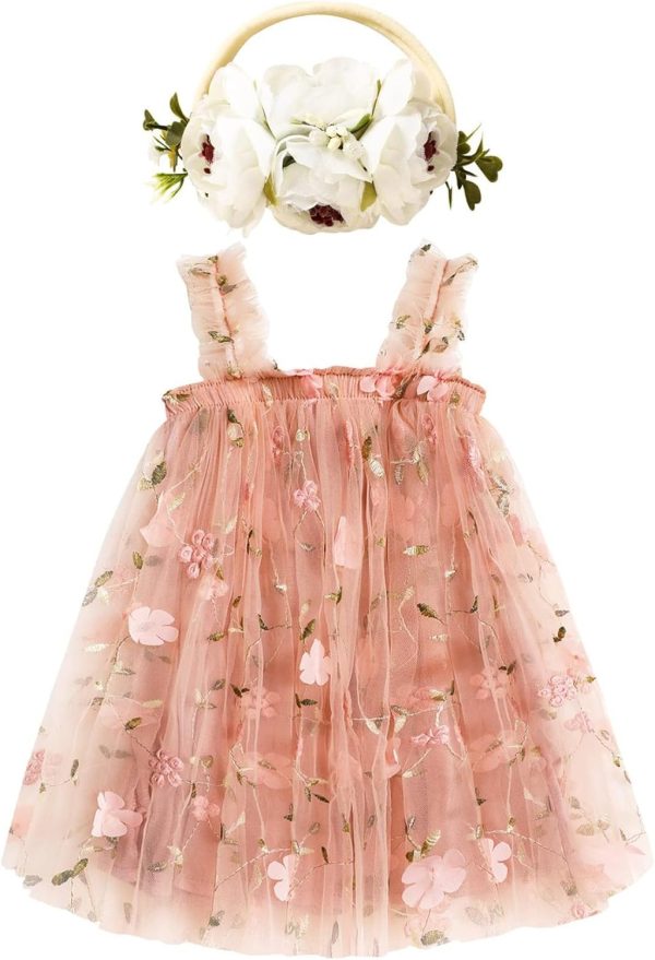 Azonee Toddler Baby Girl Romper Dress Infant Tulle Flower Dresses Little Girls Sleeveless Sundress, Princess Lace Clothes, With Flower Headband Summer Outfit 12M-18M