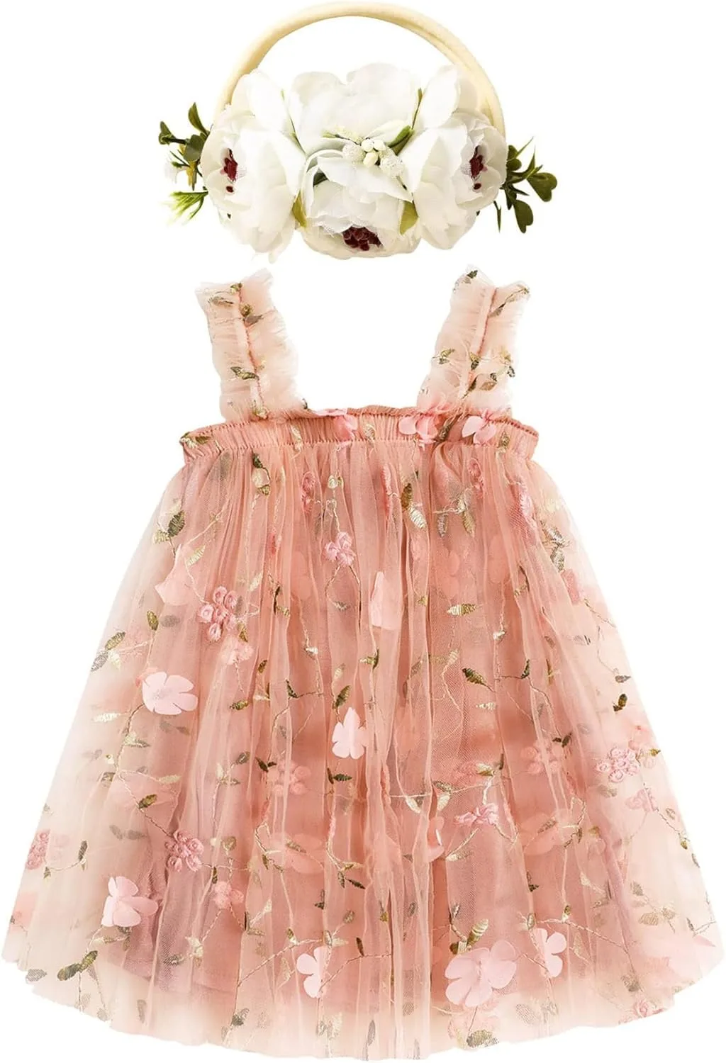 Azonee Toddler Baby Girl Romper Dress Infant Tulle Flower Dresses Little Girls Sleeveless Sundress, Princess Lace Clothes, With Flower Headband Summer Outfit 12M-18M