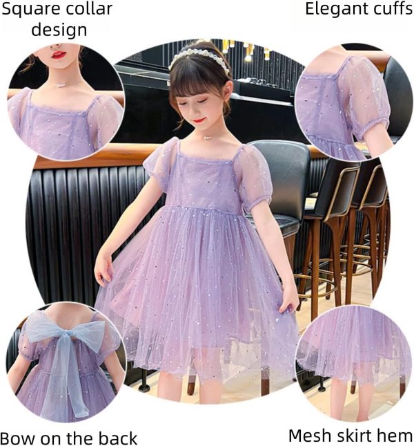 ⁦Girls' casual dress, children's purple chiffon party clothing, square collar with a bow at the back, bubble short sleeves, suitable for 5-14 years old⁩ - الصورة ⁦6⁩