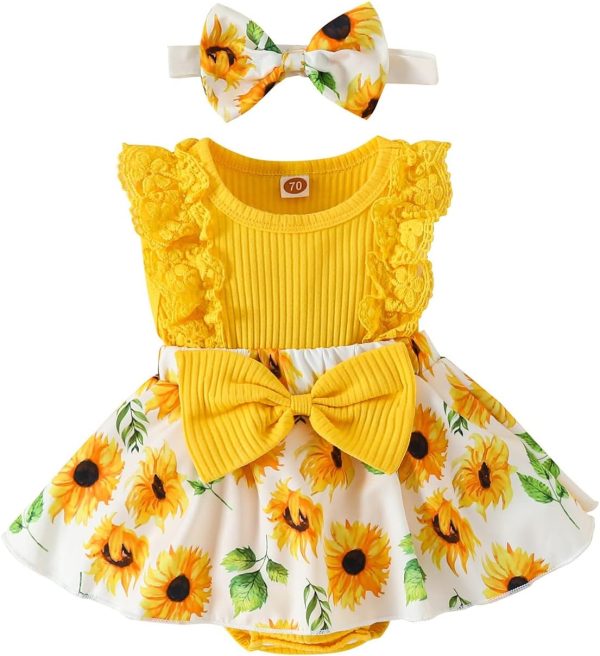 Infant Baby Girl Romper Dress Outfit – Lace Ruffle Sleeveless Summer Romper with Matching Headband – Soft & Breathable Clothes Set for Newborn Girls Ages 0–12 Months – Great for Daily Wear