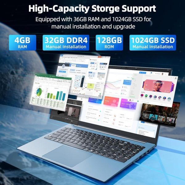 ⁦SGIN 15.6 Inch Laptops, Windows 11 Laptop Computers with 36GB RAM 128GB EMMC+1024GB SSD, Celeron N5095 Quad-Core, 1 Year Office 365, WiFi 6, 180° Viewing, USB 3.2, HDMI, Type-C, 7000mAh Battery⁩ - الصورة ⁦2⁩