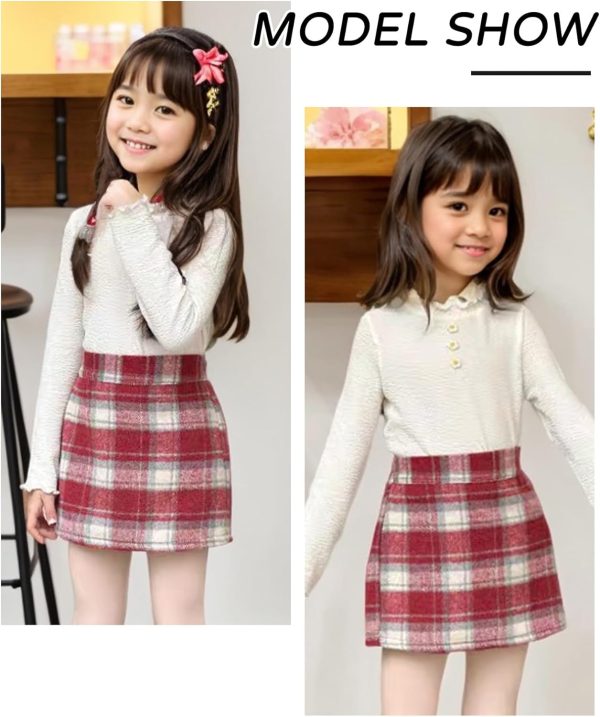 ⁦SEAUR Kids Girls Short Skirt Tweed Mini Skirt Elasticated Waist Plaid School Skorts A-line Elegant Skirt with Lining Shorts for Fall Winter 110-170⁩ - الصورة ⁦4⁩