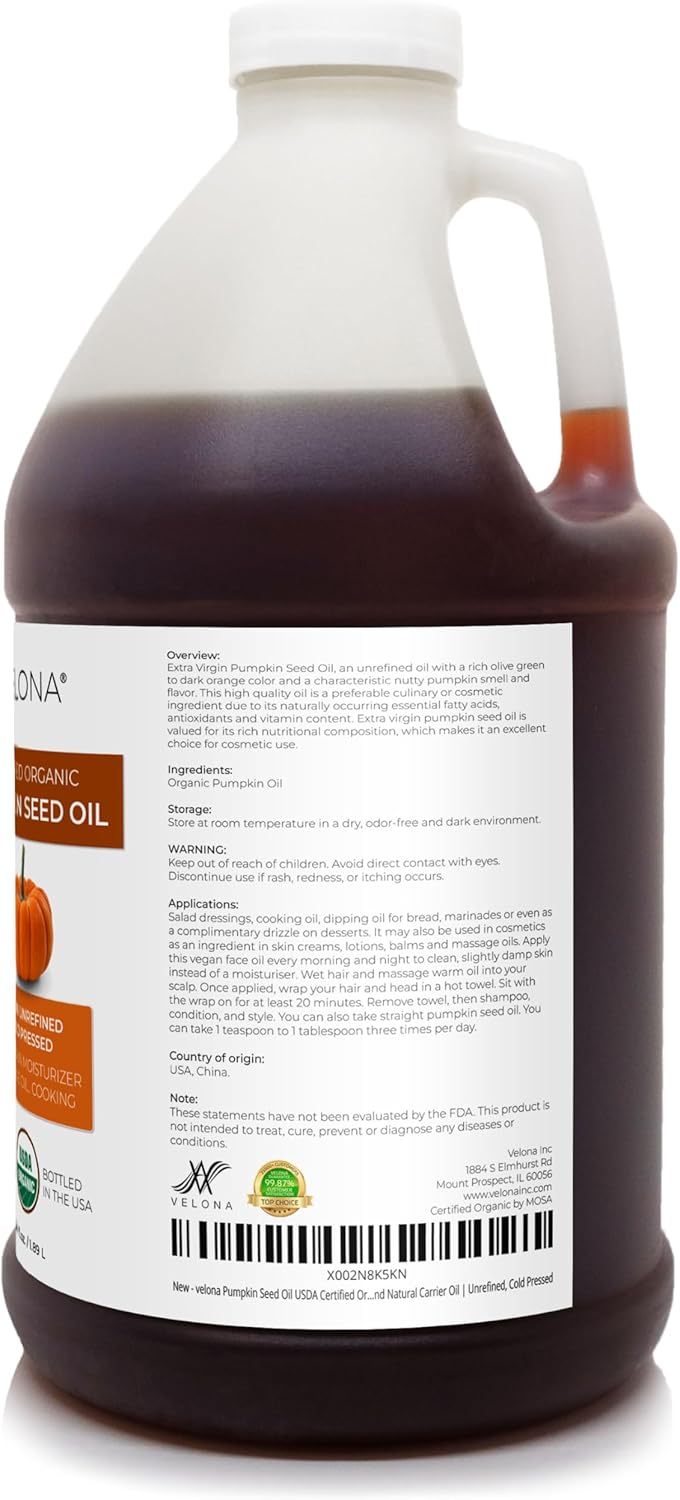 velona Pumpkin Seed Oil USDA Certified Organic - 64 oz | 100% Pure and Natural Carrier Oil | Unrefined, Cold Pressed | Cooking, Face, Hair, Body & Skin Care | Use Today - Enjoy Results 3 velona Pumpkin Seed Oil USDA Certified Organic - 64 oz | 100% Pure and Natural Carrier Oil | Unrefined, Cold Pressed | Cooking, Face, Hair, Body & Skin Care | Use Today - Enjoy Results - الصورة 3